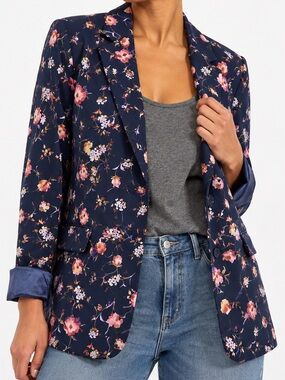 Isaac Mizrahi Foil Printed Scuba Blazer Navy with Pink Floral Accents Large